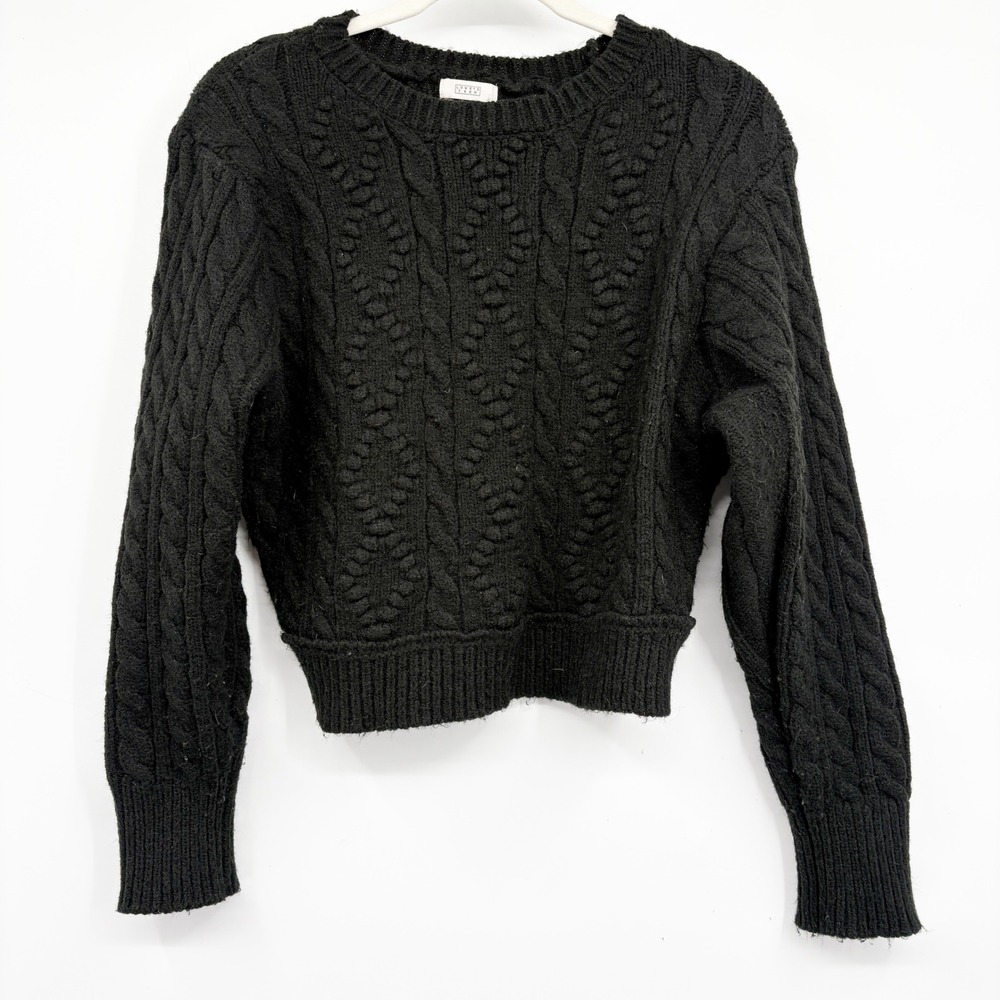 Lowrys Farm Women Black Cable Popcorn Knit Cropped Textured Fisherman Sweater OS